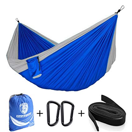 Awakelion Camping Hammock, Premium Outdoor Double Hammock With Hammock Tree Straps,Lightweight Parachute Fabric, Perfect for Hiking Backpacking & Travel(Mosquito Net Optional)