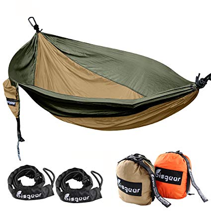 XL Double & Single Camping Hammock - Bisgear Portable Lightweight Parachute Travel Bed with Carabiners and Hammocks Tree Ropes for Hiking , Backpacking , Beach , Yard