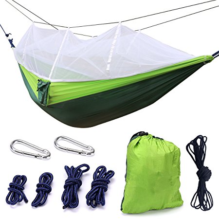 Camping Hammock, Trofoty Portable Hammock with Mosquito Net Parachute Nylon Fabric Lightweight Hammock for Beach, Traveling, Hiking, Mountain,Adventure,Outdoor Jungle