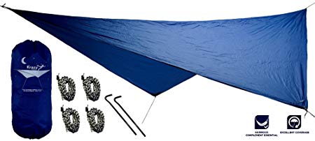 Krazy Outdoors Hammock Rain Fly - Extra Strong Rain Tarp with 70D Polyester RipStop Quality - Strong Ropes and Pegs & Carrying Pouch - Protects Hammock from Sun, provides shade