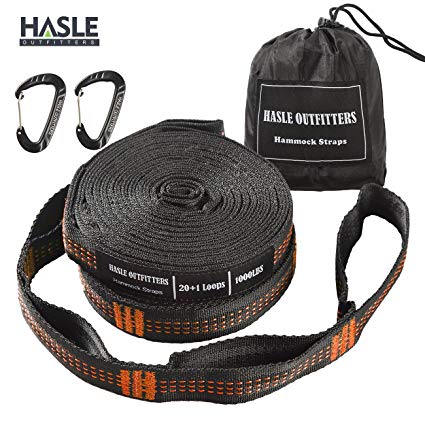 HASLE OUTFITTERS Hammock Tree Straps with Aluminum Carabiners - Combined 20 ft Long, Adjustable 42 Loops,2000 LBS No-Stretch Heavy Duty -Suspension System Kit Straps for camping Hammock Orange