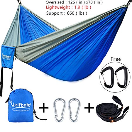 Uelfbaby Camping Hammocks Resistant Lightweight Parachute Fabric include Stretch Resistant Tree Strap Suspension System Perfect for Travel Hiking 126