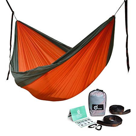 Odoland Double Camping Hammock with 10ft Quick-Lock Hammock Tree Straps & Wire Gate Carabiners - Ultralight Parachute 2 Person Hammock For Backpacking, Camping, Travel, Beach, Yard