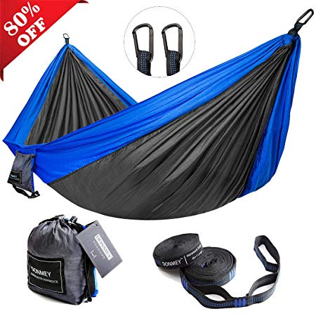 DONMEY Single & Double Parachute Camping Hammock with Tree Straps - Lightweight Portable Nylon Hammocks for Travel, Backpacking, Hiking, Beach, Yard