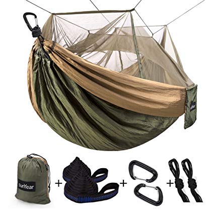 Single & Double Camping Hammock With Mosquito/Bug Net, 10ft Hammock Tree Straps & Carabiners | Easy Assembly | Portable Parachute Nylon Hammock For Camping, Backpacking, Survival, Travel & More