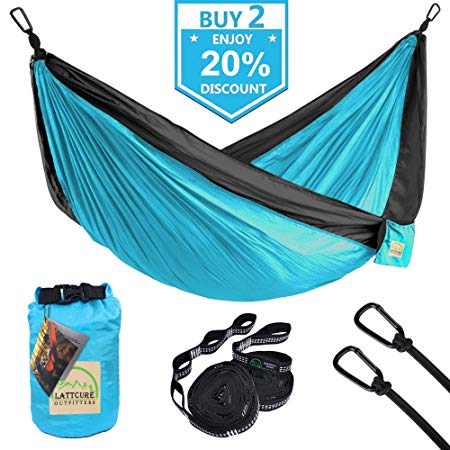 LATTCURE Double Camping Hammock, Lightweight Portable Hammock Parachute Nylon Fabric & 600LB High Capacity with 2 Adjustable Hanging Straps for Camping Backpacking Travel Beach Yard