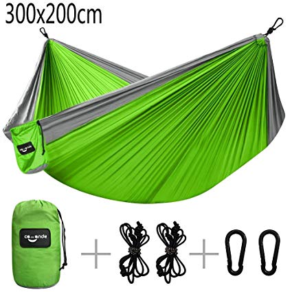 Camande Double Camping Hammock Travel Lightweight Parachute Portable Hammock for Outdoor Hiking Backyard Green (300 x 200cm)