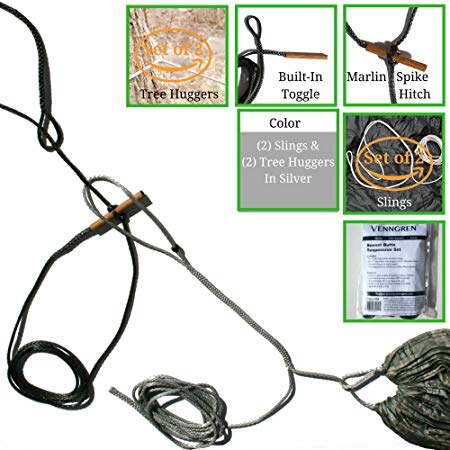 Venngren Whoopie Sling Hammock Hanging System (Set of 2) Slings AND ( Set of 2) Tree Huggers with Integrated Reinforced Carbon Fiber Toggles Handmade from Amsteel in USA Color: Silver or Charcoal