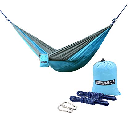 WoneNice Camping Hammock - Portable Lightweight Double Nylon Hammock, Best Parachute Hammock with 2 x Hanging Straps for Backpacking, Camping, Travel, Beach, Yard and Garden (Sky Blue/Gray)