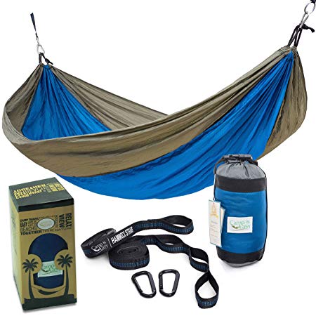 Rip Resistant Double Parachute Camping Hammock With 2 Multi Loops Tree Straps Included. Ultralight Nylon. Portable & Compact. Best for Hiking, Backpacking, Trek & Travel. Special Compression Bag