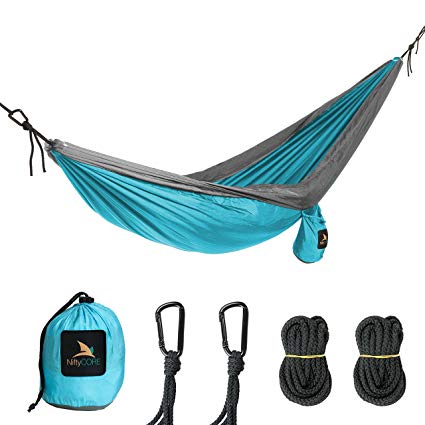 Nifty Single & Double Camping Hammocks,Lightweight Parachute Nylon, Multi-functional, Ultra Portable, Also For Backpacking, Hiking, Travel, Beach, Patio, Yard. Includes Carabiners and Ropes