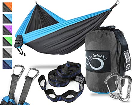 Live Infinitely Double Outdoor Camping Hammock Set- Lightweight, Compact & Portable Two Person Parachute Nylon Hammock Set- 2-16 Loop Tree Straps - Holds 500LBS-Ideal for Travel, Hiking & Beach