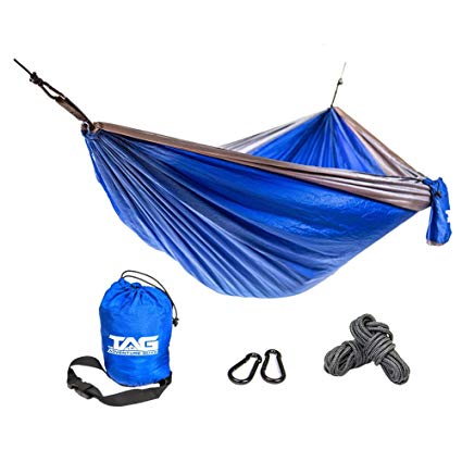 The Adventure Guys Camping Hammock - Double Hammock is Spacious, Lightweight & Super Comfortable - Folding Parachute Portable Hammock is Perfect for Backpacking, Tree, Yard and Outdoor Travel