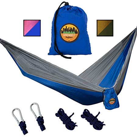 Greenbelt Camping Hammock | Lifetime No Tear Promise | Portable Super-Lightweight Parachute Nylon w/Carabiners | Outdoor & Indoor Hammocks | Best for Backpacking, Beach, Travel, Hiking, Campus