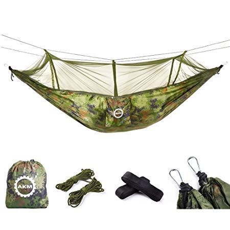 AKM Camping Hammock, Lightweight Nylon Portable Hammock with Mosquito Net Best Parachute Hammock for Camping, Backpacking, Travel, Beach, Yard