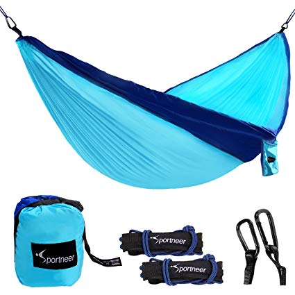 Sportneer Portable Double Hammock Parachute Nylon Fabric Wide with Tree Straps, Carabiners & Ropes