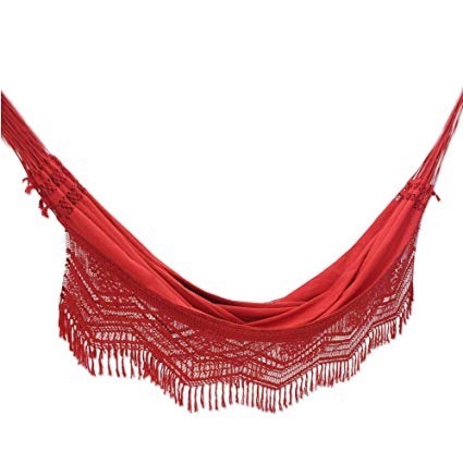 NOVICA Crimson Red Cotton Fabric 2 Person XL Brazilian Hammock with Crochet Fringe, Red Rio Sensation' (double)