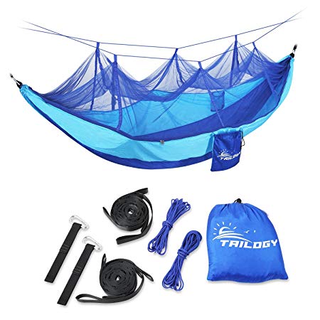 Camping Hammock with Mosquito Net - Lightweight Nylon Portable Double Parachute Hammocks including Suspension Strap,for Indoor,Outdoor,Hiking,Camping,Backpacking,Travel, Beach, Backyard