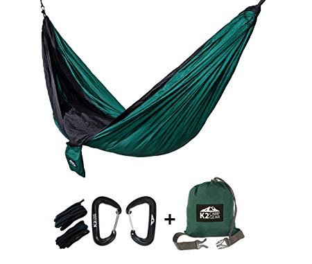 K2 Camp Gear - Original Camping Hammock - Premium Aluminum Carabiners and Hanging Ropes Included or Add-On Triple Stitched Tree Saver Straps