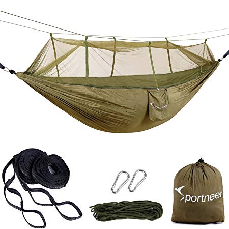 Sportneer Camping Hammock w/ Mosquito Net, Parachute Fabric Double Hammock For Outdoor Travel Indoor Camping Hiking