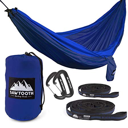 Sawtooth Double Camping Hammock With Tree Straps and Aluminum Carabiners - COMPLETE KIT - Lightweight Portable Parachute Nylon for Backpacking Hiking Travel Beach Park Yard.