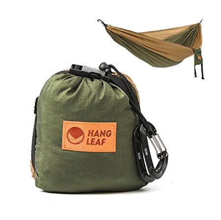 HangLeaf Double Camping Hammock - Lightweight Portable Parachute Hammock, Best Double Hammock for Outdoors, Backpacking, Travel, Fishing, Hunting, Surfing - Khaki/Green - 126