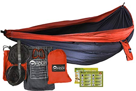 Golden Hour Premium 12 Double Camping Hammock, the most professional & complete set, includes 2 XXL 12 feet Heavy Duty tree straps,12KN Carabiners. Lightweight, compact & Portable !