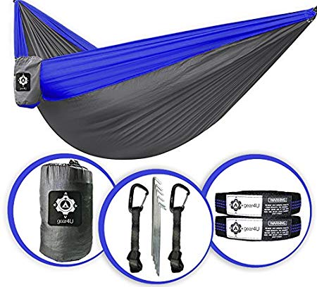 gear4U Two Person, Double Camping Hammock with 2 Heavy Duty Tree Straps, 2 Pockets, 6 Tie Downs and Stakes. Strong Nylon Material. Best Gear for Backpacking, Hiking, Camping, Travel, Beach or Yard