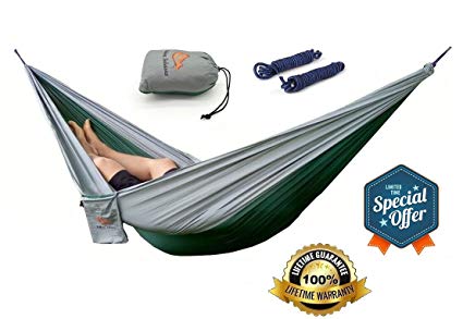 Premium Single & Double Camping Hammocks - Outdoor Portable Lightweight Parachute Nylon Hammocks with FREE Heavy Duty HANGING SET & STAFF BAG for Outdoors Backpacking Hiking Camping Or Travel