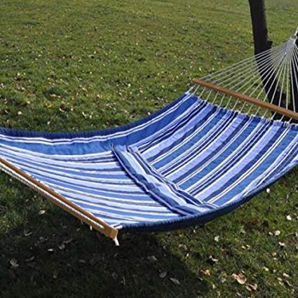 NEW Quilted Cotton Hammock Double Wide Blue Solid Wood Spreaders 2 Person 450lbs