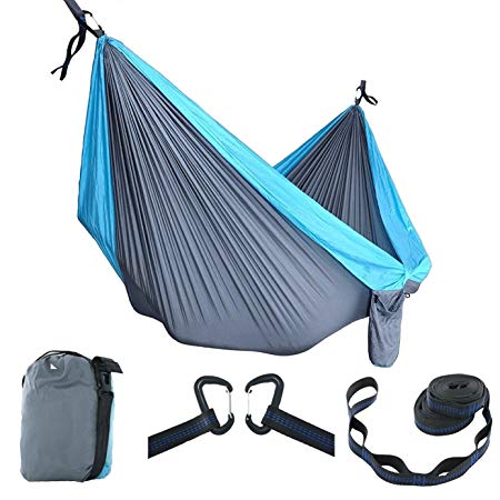 Fookkey Double Camping Hammock - Lightweight Nylon Portable Hammock, FREE Premium Straps & Aviation Aluminum Buckle.Camping, Travel, Beach, Yard - Durable. 118