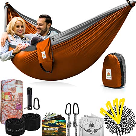 Lazy Monk Portable Camping Hammock Tent - 2 Person Hammocks with Tree Straps - BEST Double Parachute Gear