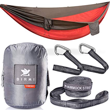 Birmi Portable Double Hammock with Straps - Waterproof Compression Sack | Light and Ultrasoft Parachute Nylon Rated for 500 lbs.| Mesh Pocket Design| Anti-stretch Suspension