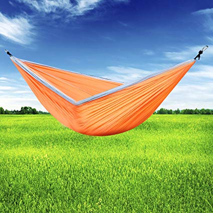 New Nylon Fabric Double Camping Hammock of Sujonna Portable Lightweight Parachute Hammocks With Hammock Tree Straps for Outdoors Backpacking Survival or Travel(Blue & Orange)