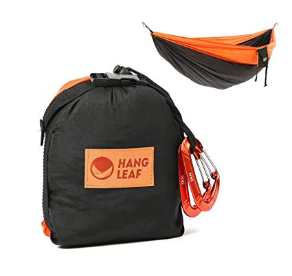 HangLeaf Double Camping Hammock - Lightweight Portable Parachute Hammock, Best Double Hammock for Outdoors, Backpacking, Travel, Fishing, Hunting, Surfing - Orange/Black - 126