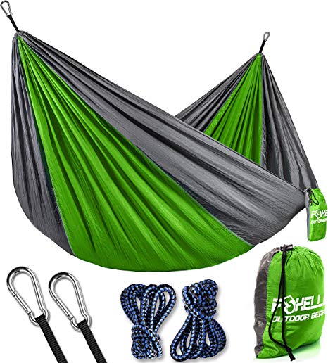 Foxelli Camping Hammock – Lightweight Parachute Nylon Portable Hammock with Tree Ropes and Carabiners, Perfect for Outdoors, Backpacking, Hiking, Camping, Travel, Beach, Backyard & Garden