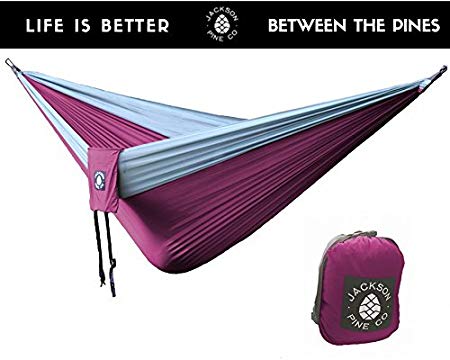 Jackson Pine Spruce Double Hammock- Top Rated Camping Hammock, Superior Lightweight Olympia Nylon, Premium No Snag Carabiners and Advanced Sequoia Suspension