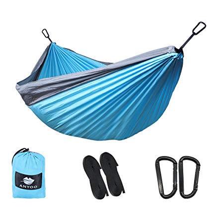 Anyoo Double/Single Camping Parachute Hammock With 10' Tree Straps- Adjustable Buckle Design-Easy Fast No Knots Needed Lightweight for Hiking Backpacking Beach