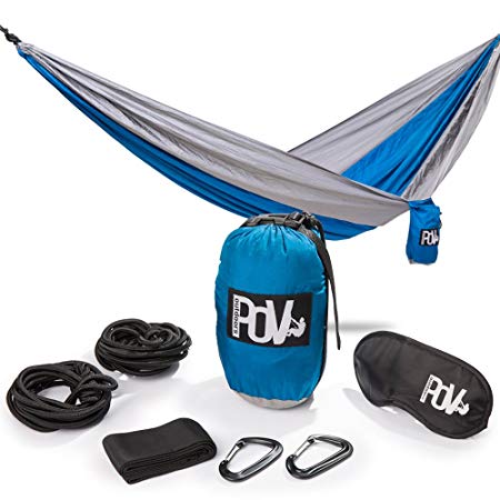 [2018 UPGRADED] Pov-Outdoors Double Camping Hammock Outdoor And Indoor: Water Resistant Camping Parachute Nylon with 2 Thick Ropes For Tree, 2 Rope Covers, 2 Clips, Carry Bag and Sleep Mask