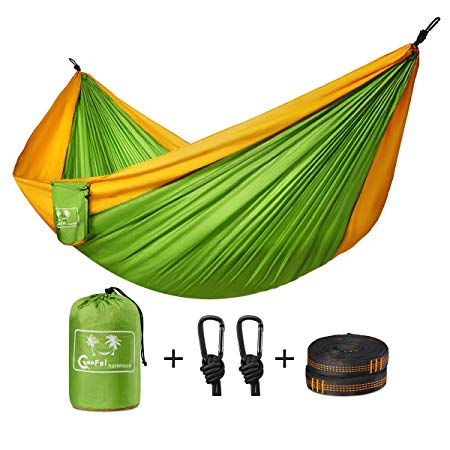 Coofel Camping Hammock, Portable Double Hammock Nylon Parachute Hammock for Travel Camping with Hammock Straps And Solid Steel Carabiners (Yellow & Green)