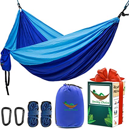 Upgraded Double Camping Hammock- with 2 Longer Ropes 15ft, Unique GIFT BOX, Tree Straps. Portable Lightweight Heavy Duty Parachute Nylon Hammocks for Yard Backpacking Travel Beach Patio, Support 600lb