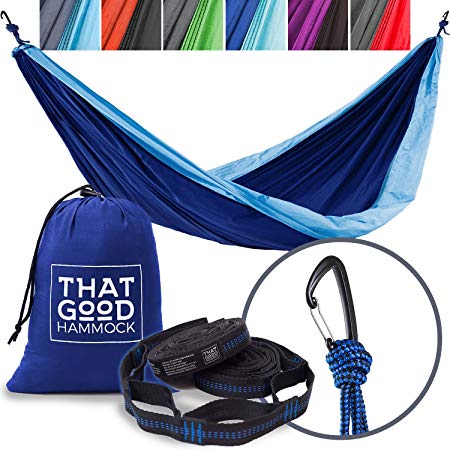 THAT GOOD HAMMOCK Double Camping Hammock w/ Hammock Straps & Wiregate Carabiners. Portable Nylon Parachute Hammock for Backpacking Camping & Travel