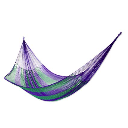 NOVICA Green Purple Striped Hand Woven Nylon Mayan 2 Person XL Rope Hammock, Green Vineyard' (double)