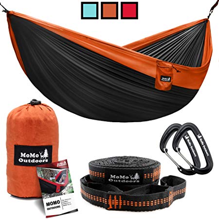 Double Camping Hammock with Adjustable Tree Straps & Aluminum Carabiners - Cozy Bed in the Nature - Two People or Single Person - Portable Parachute Nylon Hammock - Easy to Set Up and Take Down