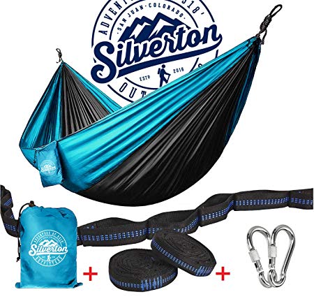 Camping Hammock With Nylon Straps And Carabiners By Silverton | Highest Quality Portable & Durable 210T Nylon Rated For 450 lbs. & Can Be Used To Doublenest - Great for Backpacking The Great Outdoors