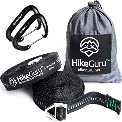 Hammock Straps by HikeGuru - with Metallic Buckle System instead of Loops, 2x 5kN Heavy Duty Carabiners compatible with all ENO hammocks