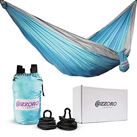 OZZORO Camping Double Parachute Hammock with 9 Feet Straps and Carabiners - Blue / Light Gray