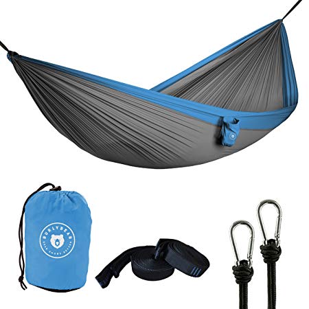 Portable Camping Hammock by Burlybear – Includes 2 FREE Bonus Carabiners and Easy-to-Adjust Tree Straps. Smartly fits in a Compact, Travel Bag. Bear knows Backpacking and Lounging.