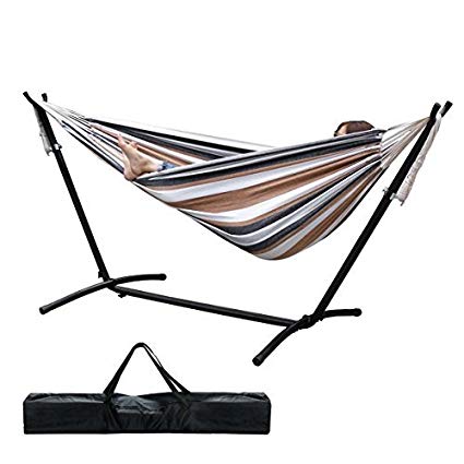 Oshion Double Camping Hammock Lightweight Portable High Strength Cotton Hammock Space-Saving & Steel Carabiners include (Coffee Stripe)