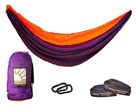 TheSunnysideShoppe SunnySack Lightweight Heavy Duty Parachute Nylon Double Hammock with Tree Straps - Sunset (Purple/Orange)